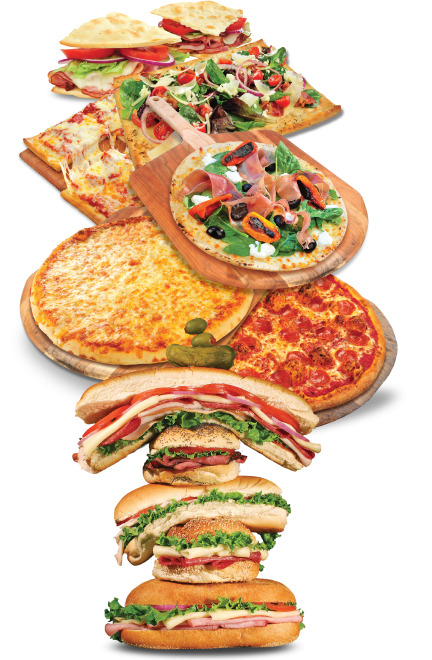 stack of subs, pizzas, alternative crusts, gluten free crusts, flatbreads using DeIorio's products